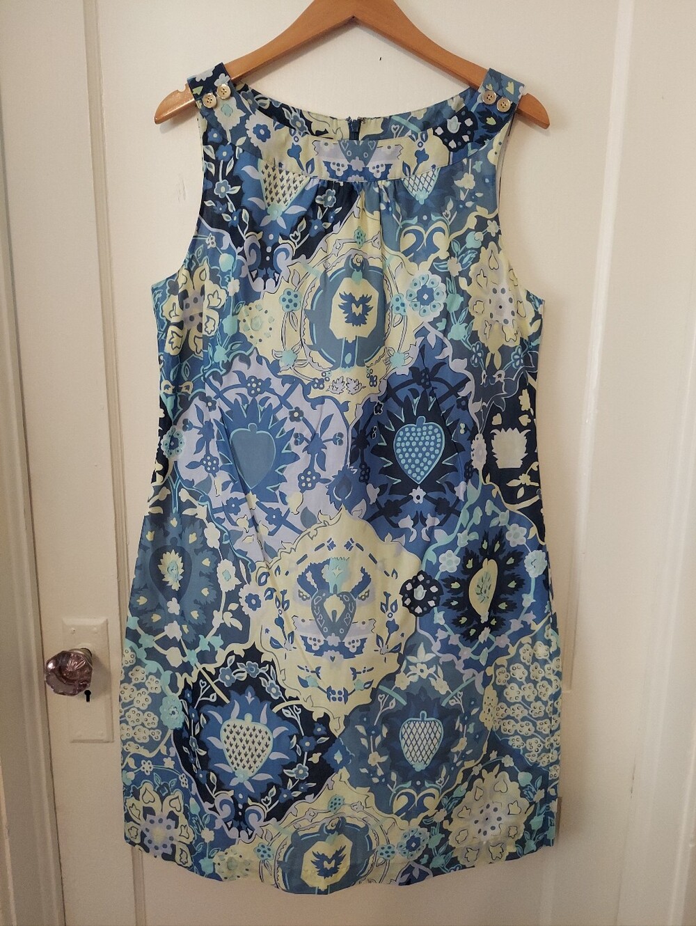 Talbots Shift Dress Womens 14P Blue Yellow Floral Medallion 100% Cotton Office